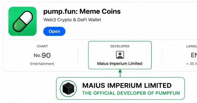 An app store listing for 'pump.fun: Meme Coins' by developer Maius Imperium Limited, marked as THE OFFICIAL DEVELOPER OF PUMPFUN.