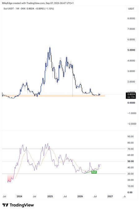 SUI/USDT weekly chart showing price consolidating around the $0.80-0.86 support zone (currently 0.8024, -1.13%), with the RSI indicator at 41 in a "Buy" signal, supporting the view that SUI is holding a key support level for a low-risk entry.