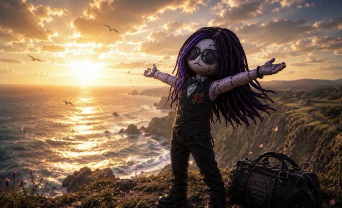A stylized digital artwork of a creepy doll-like figure with purple dreadlocks and goggles, standing on a cliff at sunset with a duffel bag and the ocean in the background.