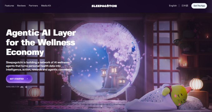 A Sleepagotchi website landing page advertising "Agentic AI Layer for the Wellness Economy" with a dreamy Japanese-inspired room featuring cherry blossoms and a sleeping character.