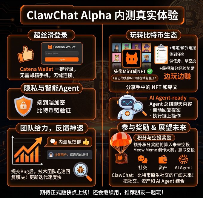 The image features a poster or infographic that provides information about claw chat Alpha, an AI-powered chatbot. The poster displays various elements related to the platform, such as a robot, a catena wallet, and a chatbot agent. It also includes images of people interacting with the chatbot and a screenshot of a conversation between two users. The poster is written in Chinese, which suggests that it may be targeting an audience with Chinese speakers or those interested in AI technology.