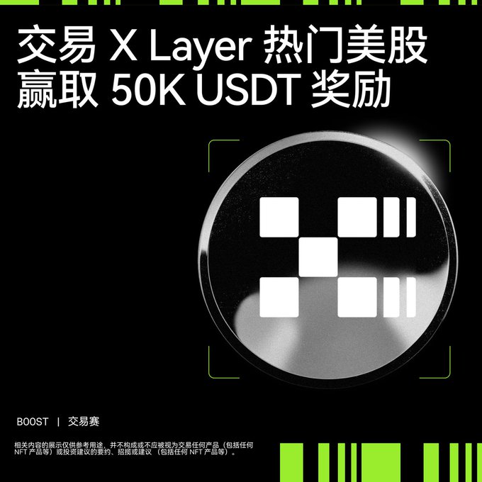 A promotional graphic for OKX's "X Layer" trading competition, featuring bold white Chinese text reading "交易 X Layer 热门美股 赢取 50K USDT 奖励" (Trade hot X Layer US stocks to win 50K USDT rewards) alongside a circular logo with geometric blocks, reinforcing the event's offer of a 50K USDT prize pool for trading RWA tokens like NVDAx, SNDKx, CRCLx, SPCXx, and SKHYx on OKX DEX.