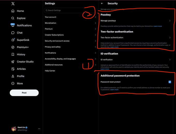 A Twitter/X Security settings screen displays options for Passkey, Two-factor authentication, ID verification, and Additional password protection, with handwritten red annotations and arrows highlighting key sections.