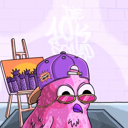 A cartoon illustration of a pink fluffy monster wearing a purple cap with a bear logo and red sunglasses, standing in front of an easel displaying a cactus painting.