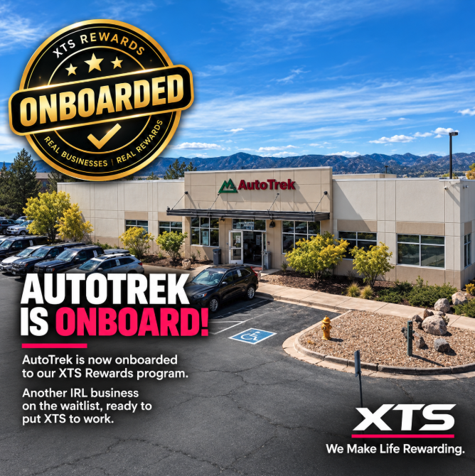 An XTS Rewards promotional graphic announces that AutoTrek is onboarded to their program, featuring a photo of the AutoTrek dealership building.