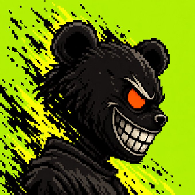 A pixel art illustration depicts a menacing black bear with glowing red eyes and a wide, toothy grin set against a bright green and yellow background.
