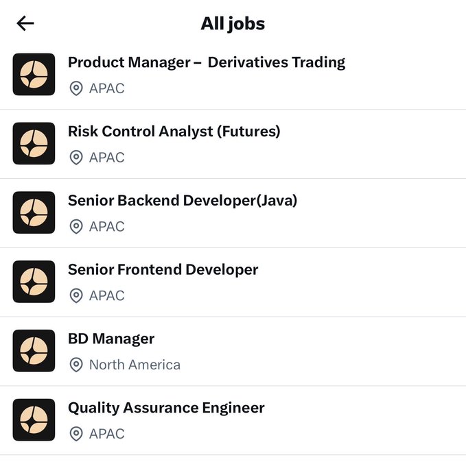 Job listings page titled 'All jobs' showing positions like Product Manager – Derivatives Trading, Risk Control Analyst, Senior Backend Developer (Java), Senior Frontend Developer, BD Manager, and Quality Assurance Engineer, mostly in APAC.