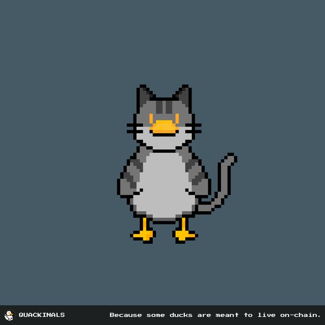 A pixel art duck-cat hybrid character standing on a gray background with 'QUACKINALS' branding and the tagline 'Because some ducks are meant to live on-chain.'