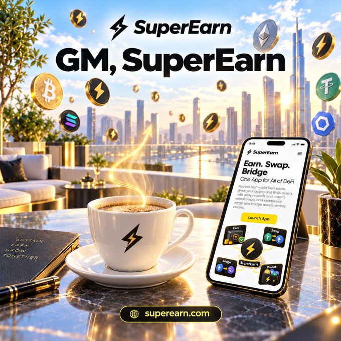 A promotional graphic for SuperEarn featuring a coffee cup and smartphone displaying the app against a city skyline with crypto coins floating in the air, with the text 'GM, SuperEarn' and 'superearn.com' visible.