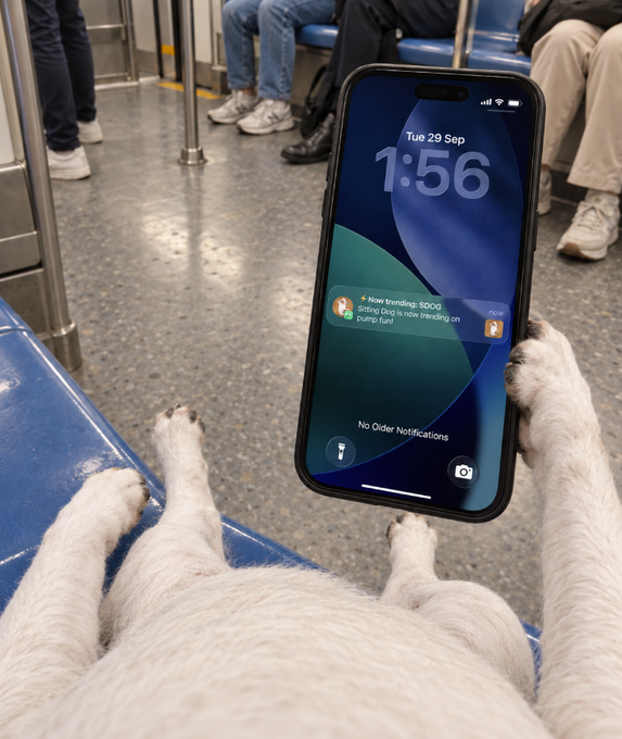 A POV photo from a dog's perspective showing paws resting on a subway seat while a smartphone displays the time '1:56' on 'Tue 29 Sep' with an SDOG pump.fun trending notification.