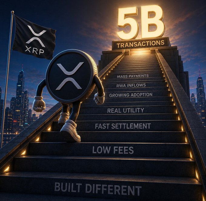 A cartoon XRP coin mascot climbs a grand staircase labeled with key achievements—"Low Fees," "Fast Settlement," "Real Utility," "Growing Adoption," "RWA Inflows," and "Mass Payments"—toward a glowing "5B Transactions" milestone at the top, visually celebrating the XRP Ledger's milestone of surpassing 5 billion transactions along with its 14 years of operation, sub-5-second settlement, and billions in RWA inflows highlighted in the post.