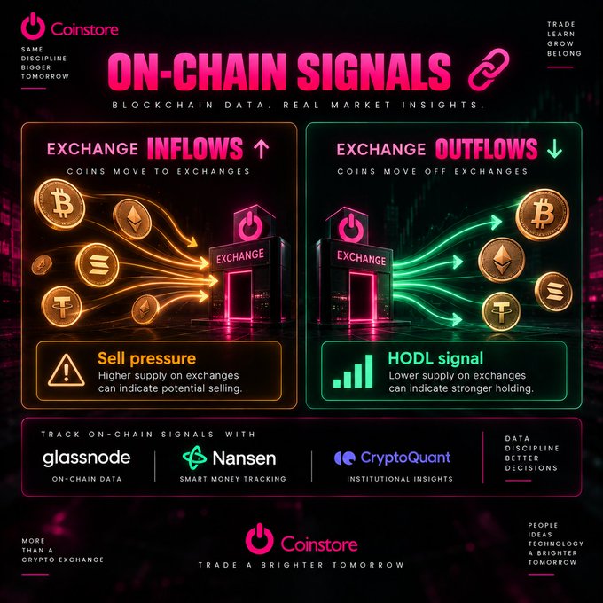 An infographic from Coinstore titled 'ON-CHAIN SIGNS: BLOCKCHAIN DATA, REAL MARKET INSIGHTS' illustrating cryptocurrency exchange inflows (sell pressure) and outflows (HODL signal), mentioning Glassnode, Nansen, and CryptoQuant.