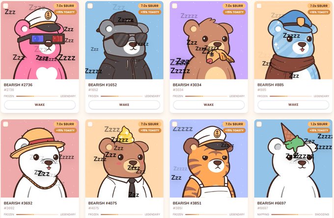 A grid of eight BEARISH NFT collectibles featuring cartoon bears with various accessories, all marked '7.0x $BURR' token rewards and categorized as Frozen, Legendary, or Snoozing.