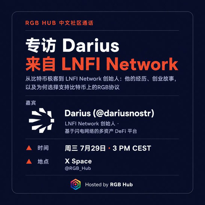 An event announcement in Chinese for an interview with Darius from LNFI Network, hosted by RGB Hub at X Space (@RGB_Hub) on Wednesday, July 29 at 3 PM CEST.