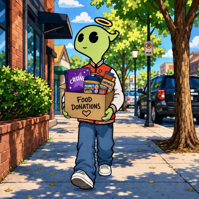 A cartoon illustration of a green alien with a halo wearing a varsity jacket, carrying a box labeled 'FOOD DONATIONS' filled with items like 'CRUNCH', 'PEANUT BUTTER', and 'OATMEAL' down a sunny sidewalk.