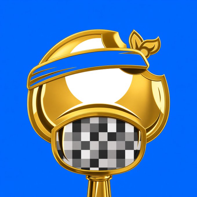 A shiny golden trophy or emblem featuring a checkered, pixelated section at its base is set against a solid blue background.