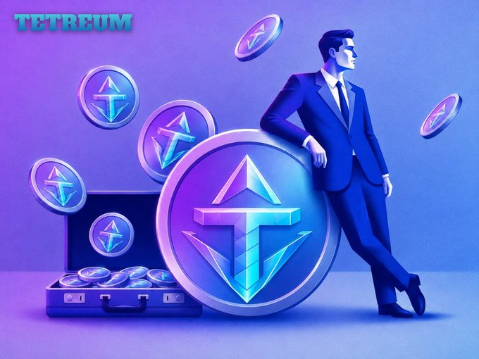 A promotional graphic for 'TETREUM' showing a businessman in a blue suit leaning against a large coin, with smaller coins floating around and a briefcase filled with coins beside him.