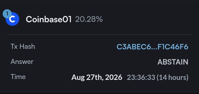 A cryptocurrency prediction interface showing Coinbase01 with an ABSTAIN answer and a TX Hash of C3ABEC6...F1C46F6, timestamped Aug 27th, 2026 at 23:36:33.
