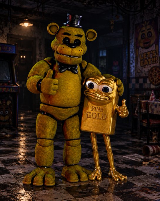 A render shows two animatronic characters, one a golden bear in a top hat giving a thumbs up next to a golden figure labeled 'FINE GOLD' with large googly eyes.
