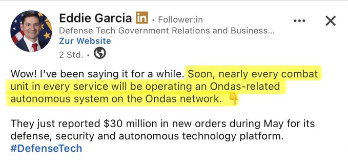 The image shows a screenshot of a social media post with a message from a person named Eddie Garcia, who was previously described as "Edie" or "Ed," though that name has been removed from the original post. The post includes a quote attributed to another person, who wrote about how they are now reporting "a $30 million in new orders during May for its DefenseTech service." The message also discusses a situation where the government is controlling an enemy's internet network with offensive technology.