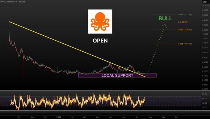 A candlestick chart of OPEN/USDT (Opendev) on Binance shows the price consolidating around a "LOCAL SUPPORT" zone near $0.25, with a dotted bullish projection targeting Fibonacci levels at $1.58 and $1.01, illustrating the speculative upside case highlighted in the post.