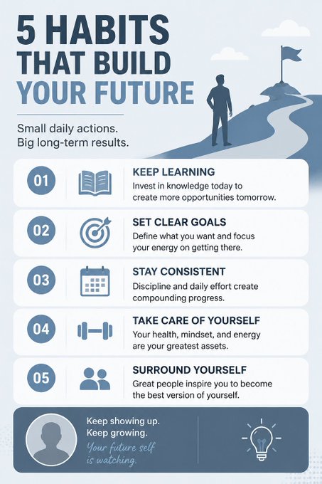 An infographic titled '5 Habits That Build Your Future' listing 'Keep Learning,' 'Set Clear Goals,' 'Stay Consistent,' 'Take Care of Yourself,' and 'Surround Yourself,' with the tagline 'Keep showing up. Keep growing. Your future self is watching.'