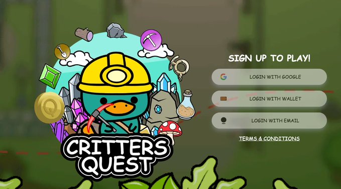 A login screen for 'Critters Quest' featuring a cartoon character in a hard hat, with options to 'LOGIN WITH GOOGLE,' 'LOGIN WITH WALLET,' and 'LOGIN WITH EMAIL.'