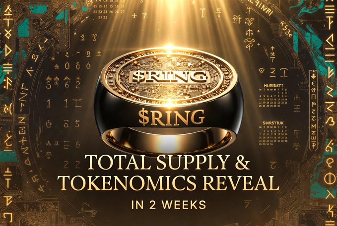 The image features a gold ring with the word "Ring" written on it, surrounded by numbers and symbols. The text above the image reads "Total Supply & Tokens Reveal In 2 Weeks", indicating that there are two weeks left until the reveal of the total supply and tokens.