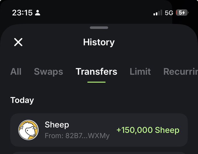 A mobile phone screenshot shows a transaction history under the "Transfers" tab, displaying a receipt of "+150,000 Sheep" from an address beginning with "82B7...WXMy."