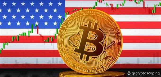 A golden Bitcoin coin prominently displayed in front of the American flag with green stock market candlestick charts in the background, watermarked '@cryptoscoping'.