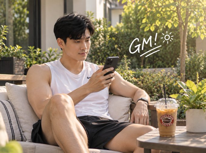 A young man in a white tank top sits on an outdoor patio looking at his smartphone, with the handwritten text "GM! ☀️" overlaid on the image. A Highlander Coffee drink sits on the table beside him.