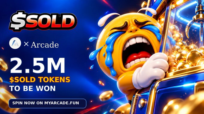 A promotional advertisement for '$SOLD' featuring a crying emoji character in a slot machine, offering '2.5M $SOLD TOKENS TO BE WON' on MyArcade.fun.