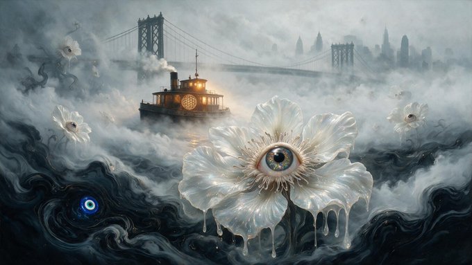 A surreal digital artwork featuring a large white flower with an eye in its center, surrounded by mist, a suspension bridge, a ship, and other floating eyes in a dark, dreamlike scene.