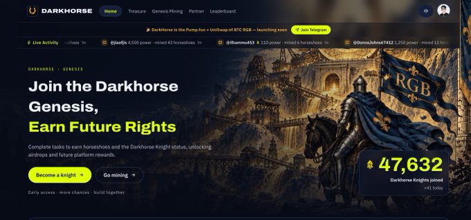 Screenshot of the Darkhorse website homepage promoting 'Darkhorse Genesis' and 'Earn Future Rights' with a knight on horseback holding an 'RGB' flag, showing 47,632 Darkhorse Knights joined.