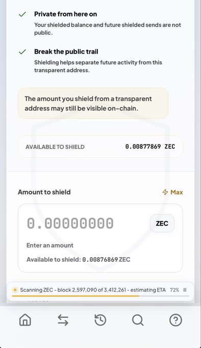 A mobile app interface for shielding ZEC (Zcash) cryptocurrency, showing a balance of 0.00876869 ZEC available to shield, with options to "Break the public trail" and a scanning progress bar at the bottom.