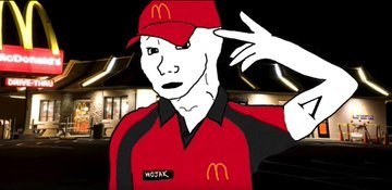 A Wojak cartoon wears a McDonald's uniform and cap, standing in front of a lit McDonald's restaurant with the "McDonald's" sign and "Drive-Thru" visible. The image illustrates the post's argument that traditional employment is a "safe" path quietly worse than the volatile but acknowledged risks of crypto trading.