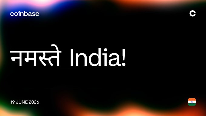 The image features a dark background with white text that reads " Namaste India! 19 June 2016". This message appears to be related to an advertisement or promotional material for Coinbase, as indicated by the presence of the coinbase logo at the bottom left corner of the image. The text is written in Hindi and is accompanied by a small image of the Indian flag on the right side of the image.