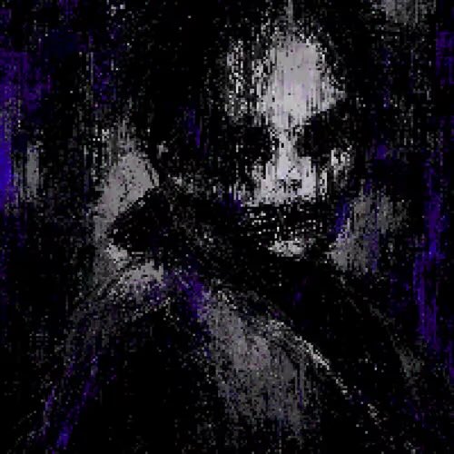 A dark, glitchy pixel-art image with purple accents showing an obscured figure or skull-like form.