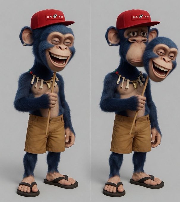 The image features a cartoon monkey standing upright with its arms crossed, wearing a red hat and holding a stick. The monkey has a large smile on its face as if posing for a picture. In the background, there are two more monkeys, one of which is wearing a mask that matches the first monkey's hat in color. The image also includes text that reads "gm gm day 148 in 2026 friday: mask flip standing tall in the clean split-frame setup against the soft neutral backdrop the left pane catches the ape gripping the wooden stick and sliding the oversized grinning ape-head mask straight across his own face in full cover mode."