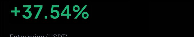 A black screen displays bright green text showing '+37.54%' with partial 'Entry price (USDT)' text visible at the bottom.