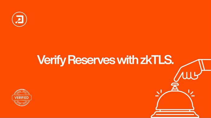An orange Promus Labs graphic reads “Verify Reserves with zkTLS.” beside a line illustration of a hand pressing a service bell and a “VERIFIED” seal, illustrating privacy-preserving verification of reserve information from existing web sources.