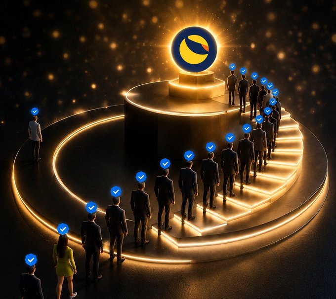 A queue of people with blue checkmarks ascend a glowing staircase towards the LUNC logo, symbolizing the market's anticipation of a potential comeback. The imagery directly relates to the post's question about a historic comeback for LUNC.