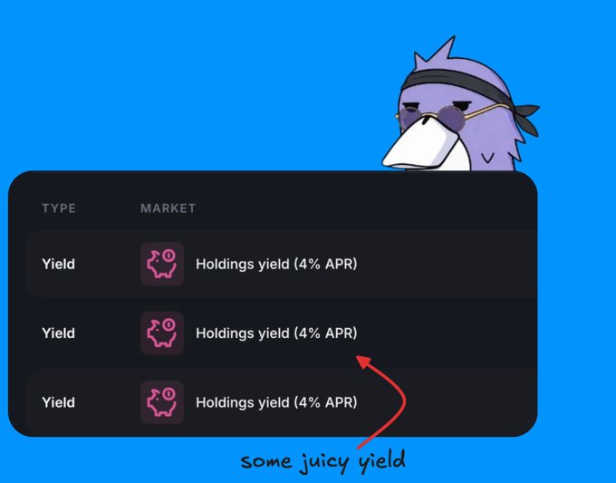 The image shows a blue background with a pink bird character wearing sunglasses, standing next to a computer screen displaying information about different types of investments. The text "Some juicy yield" is written below the bird's head, which suggests that there might be an investment opportunity related to yield or returns in the market.