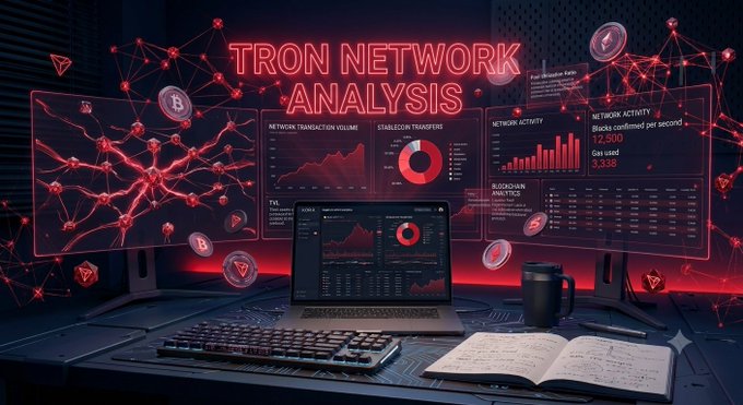 The image shows a glowing "TRON NETWORK ANALYSIS" dashboard display, featuring red digital visualizations with text including "NETWORK TRANSACTION VOLUME," "STABLECOIN TRANSFERS," "NETWORK ACTIVITY," and "BLOCKCHAIN ANALYTICS," alongside a laptop, keyboard, notebook, and coffee mug on a desk. The data visualizations directly reinforce the post's claims about TRON being a major hub for stablecoin transfers, illustrating the strong transaction volume and large stablecoin ecosystem mentioned in the thread.