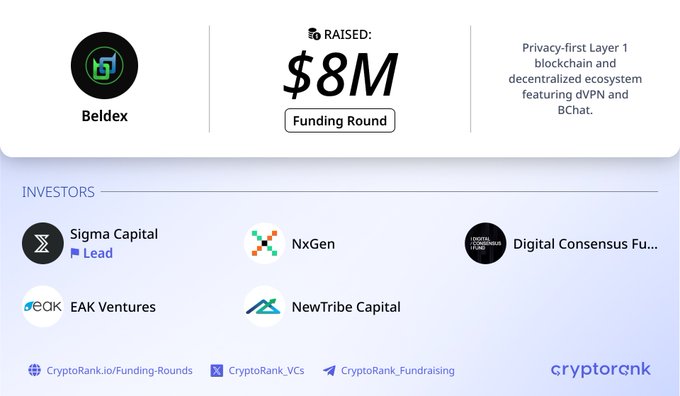 A CryptoRank funding round announcement showing Beldex raised $8M from investors including Sigma Capital (Lead), NxGen, Digital Consensus Fund, EAK Ventures, and NewTribe Capital, described as a 'Privacy-first Layer 1 blockchain and decentralized ecosystem featuring dVPN and BChat.'
