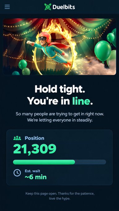 A Duelbits waiting-room screen says “Hold tight. You’re in line.” and shows a queue position of 21,309 with an estimated wait of about 6 minutes, matching the post’s comment about the huge number of people trying to gamble at Duelbits.