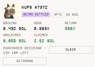 A digital NFT marketplace interface displays a listing for 'KUPS #7372' that is 'BEING SETTLED' with 0.432 SOL backing and 0.563% odds.