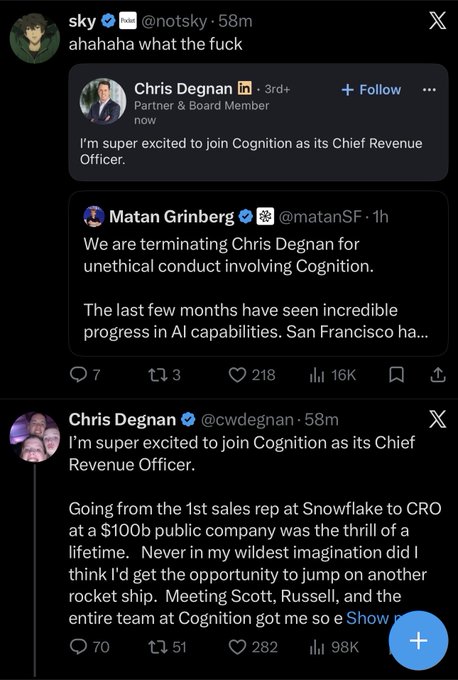 A screenshot of a social media post showing conflicting announcements where Chris Degnan announces he's joining Cognition as CRO, while Matan Grinberg simultaneously announces his termination for unethical conduct.