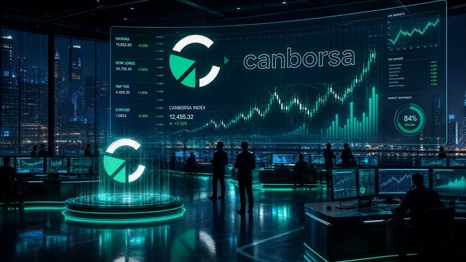 A futuristic financial dashboard displaying 'canborsa' branding, stock charts, the CANBORSA INDEX at 12,455.32, and a market sentiment of 84%, with silhouettes of people viewing the screens.