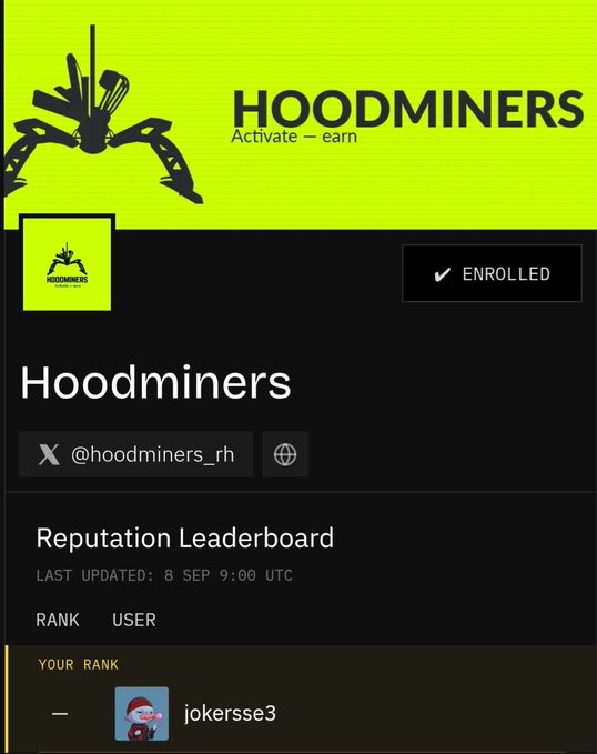 A dashboard for 'HOODMINERS' with the tagline 'Activate – earn' showing an enrolled status, a handle '@hoodminers_rh', and a Reputation Leaderboard last updated on 8 SEP 9:00 UTC, where the user 'jokersse3' is currently ranked.